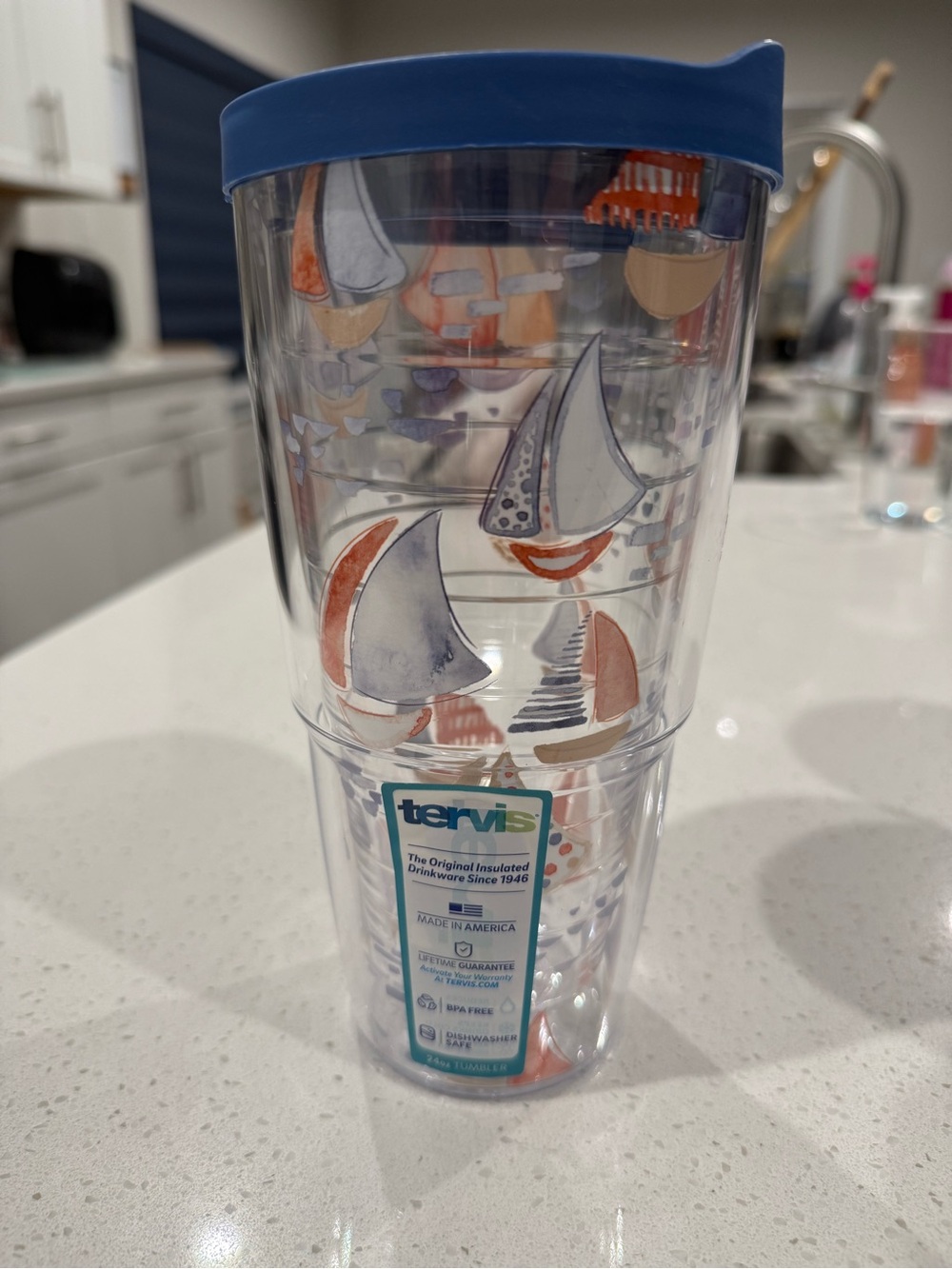 NWT tervis Clear Insulated Tumbler with Orange & Blue Sailboats 24oz